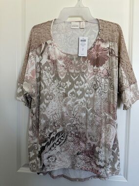 Chico's Taupe, Cream & Pink Floral Lace Sleeve Short Sleeve Top